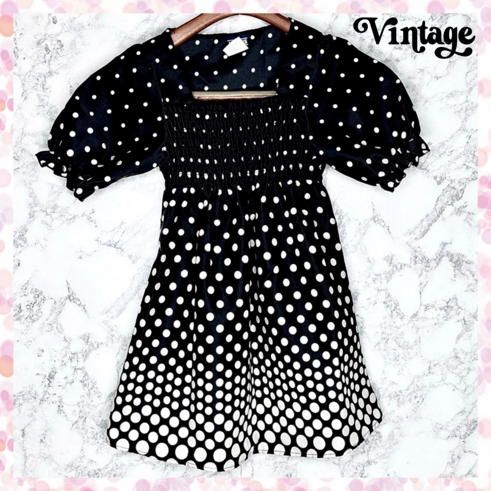 ID Tags Girls 90s Polka Dot Smocked Black & White Puff Sleeve Blouse Size Large - Picture 6 of 6